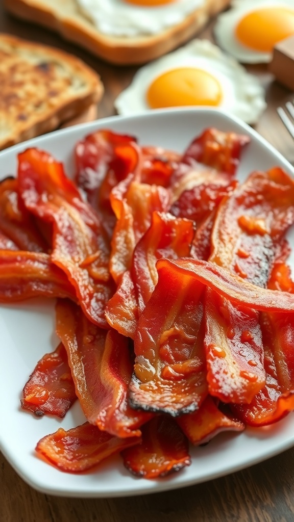 A plate of crispy bacon strips on a wooden table with eggs and toast.
